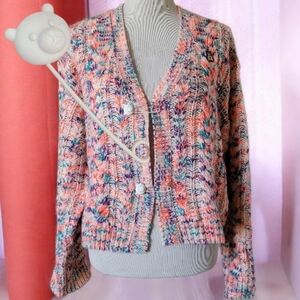 Teddy Fresh Skittles Cableknit Slouchy Cardigan With Bear Safety Pins S/M Heart